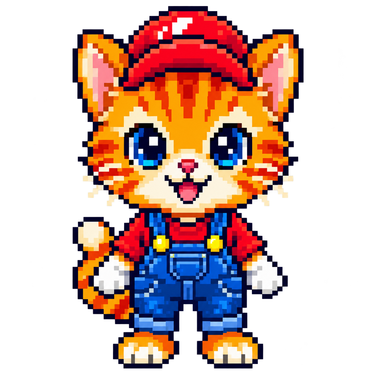 Detailed pixel-art orange cat in a red cap and blue overalls